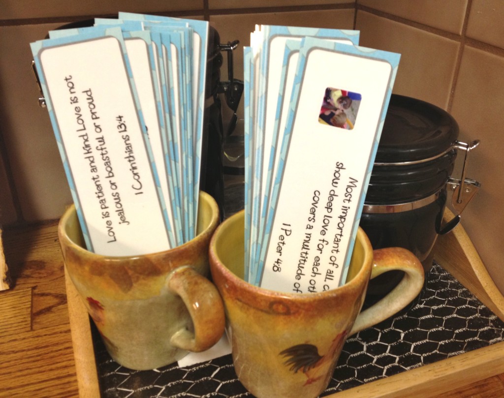 diplaying scripture cards in coffee cups